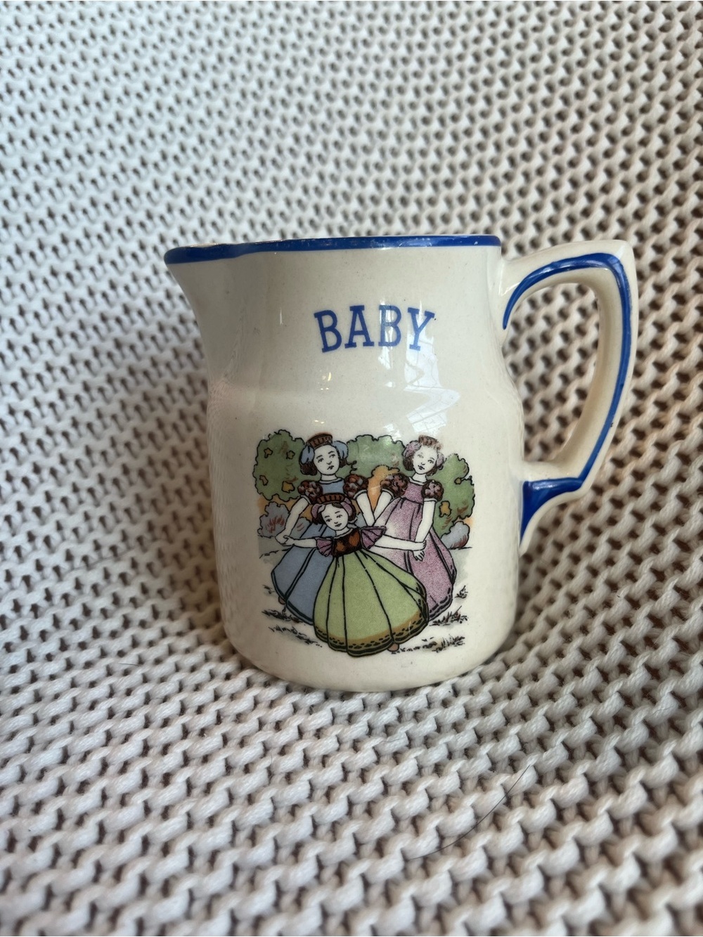 1920s Czech Baby Ceramic Creamer Pitcher in Cream and Blue